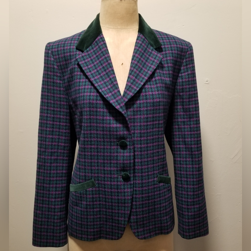 PENDLETON GREEN PURPLE HOUNDSTOOTH BLAZER SUIT JACKET EQUESTRIAN VELVET CLASSIC